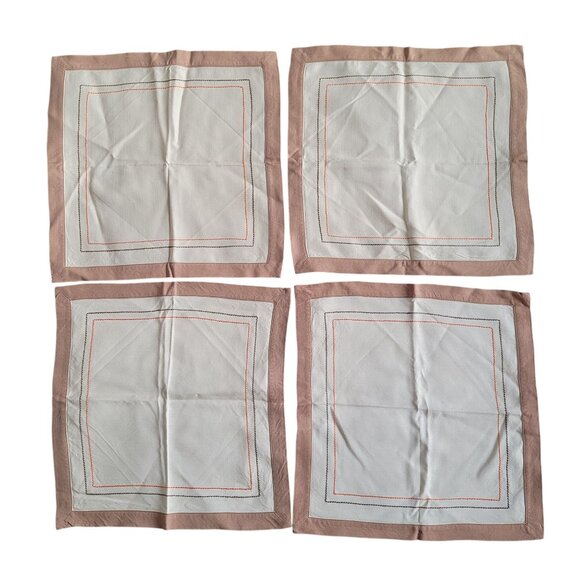 Vintage Luncheon Cocktail Napkins Cream with Brown Trim Orange and Brown Stitch - Picture 5 of 5